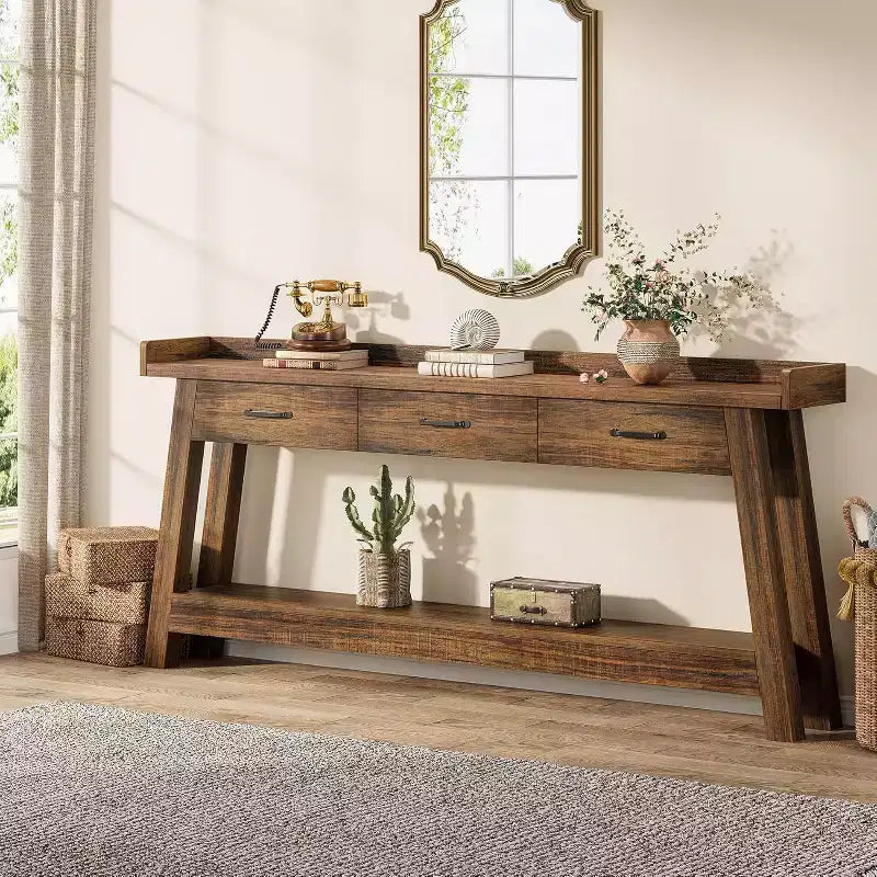 Table console Lantine à 2 niveaux avec 3 tiroirs, console de 70,9 avec rebord surélevé et étagères de rangement pour le salon, le couloir ou l’entrée