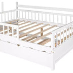 Acekool Full Size House Bed Frame with Twin Trundle, Storage Drawers & Shelves, Roof & Fence, Kids Platform Bed, White