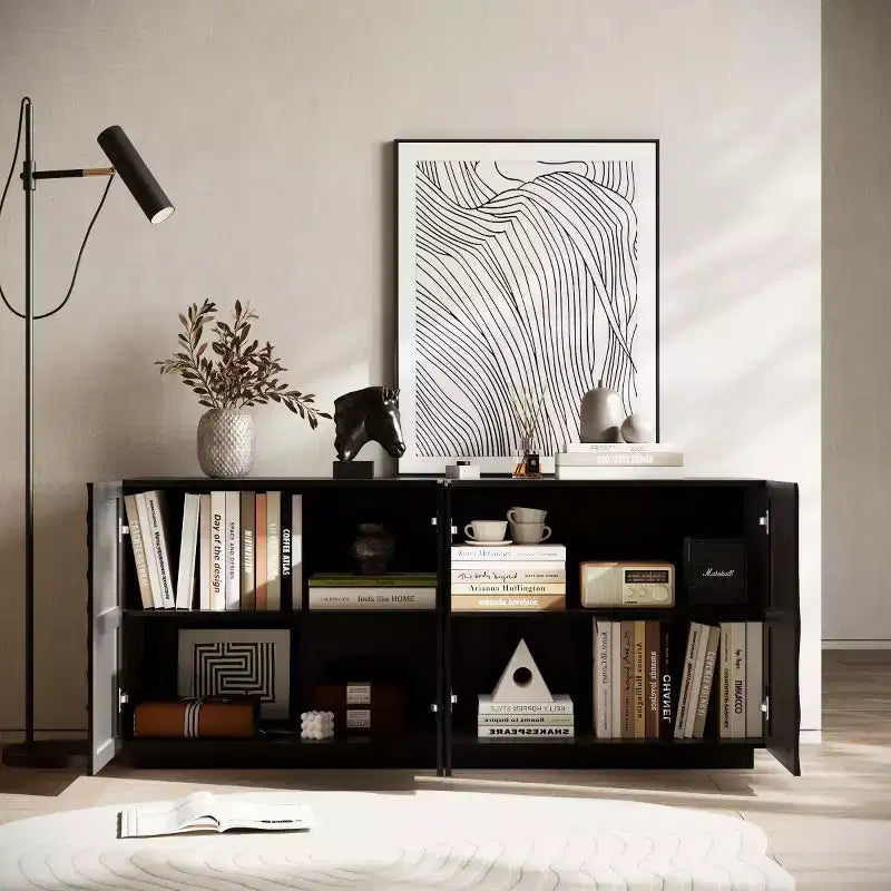 Buffet bahut en spirale moderne 59, meuble de rangement d’entrée artistique bas avec portes à texture ondulée 3D