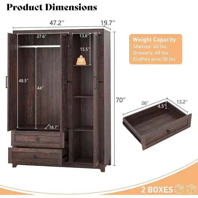 AMERLIFE 47-Zoll-Kleiderschrank im Landhausstil mit 3 Türen, 2 Schubladen, Kleiderstange und verstellbaren Regalen, freistehender Kleiderschrank-Organizer
