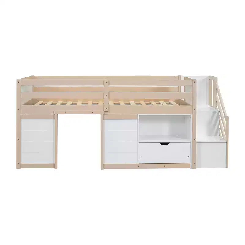 Okak hoogslaper van massief hout voor éénpersoonsmatras met trap en opbergruimte, lage stapelbedden voor éénpersoonsmatrassen met laden en planken, multifunctionele hoogslapers voor kinderen en tieners