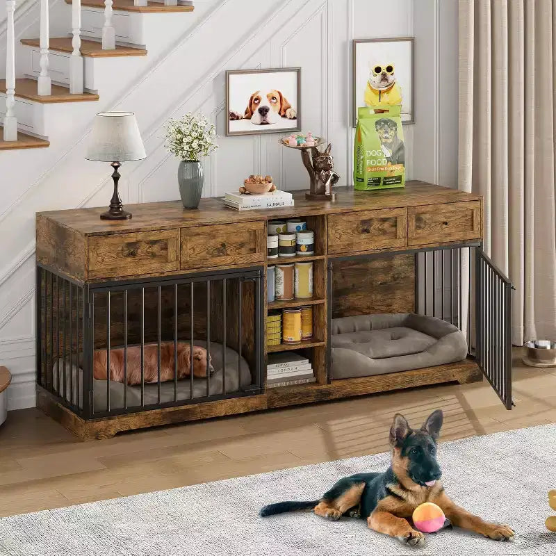 82 Möbel für zwei Hundeboxen, großer Hundezwinger für den Innenbereich für 2 Hunde, robuster Hundeschrank aus Holz als TV-Ständer mit 4 Schubladen und Regalen
