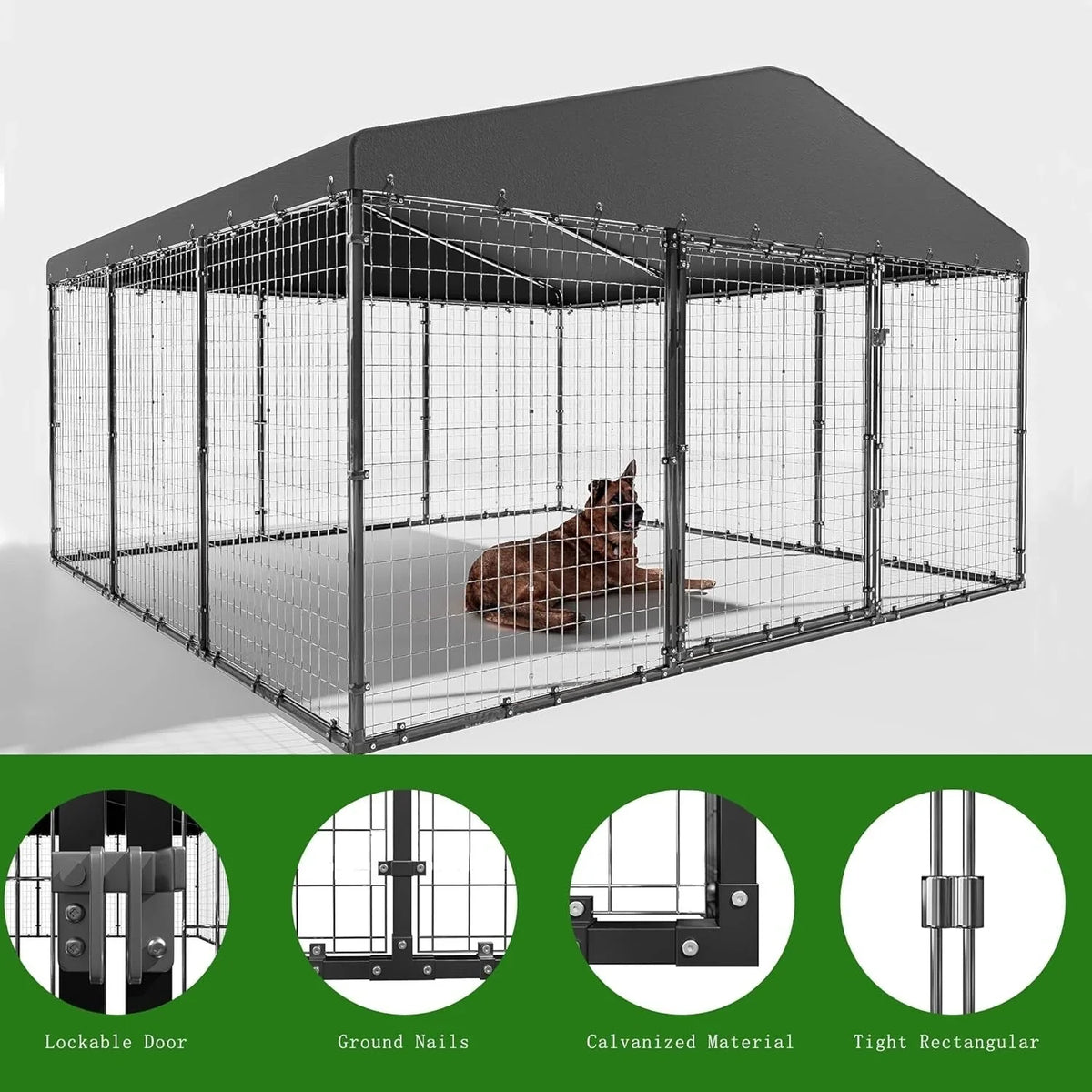 W 118 x D 118 x H 70 grote hondenkennel voor buiten, stevige hondenkooi met waterdicht dak
