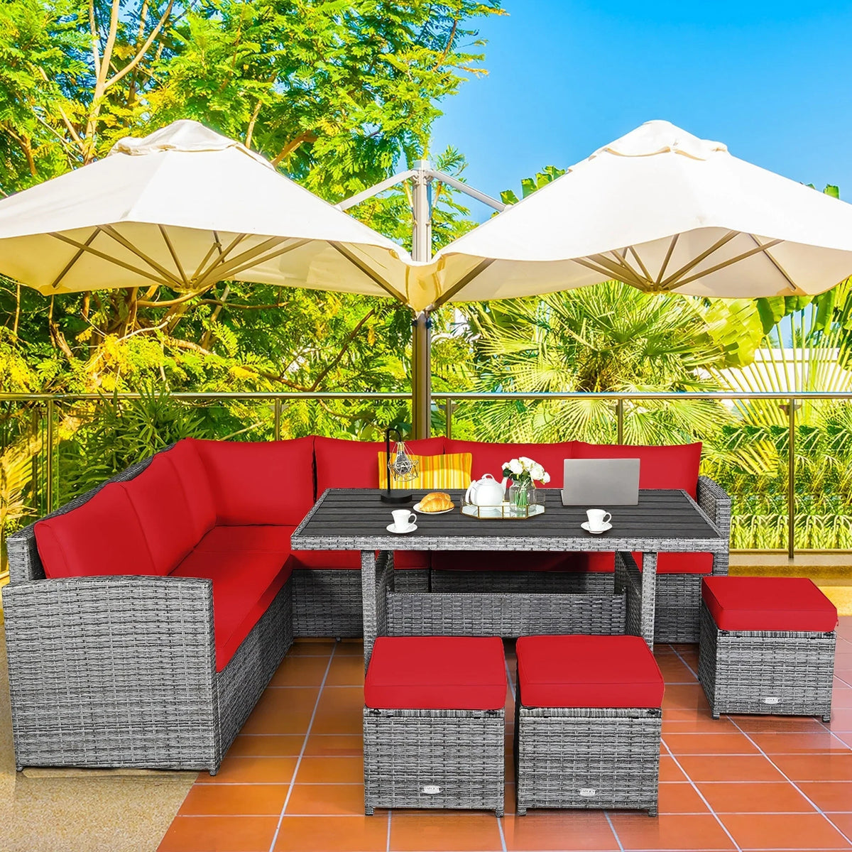 Costway Ensemble repas de jardin en rotin de 7 pièces, canapé d’angle, canapé et pouf — Voir les détails