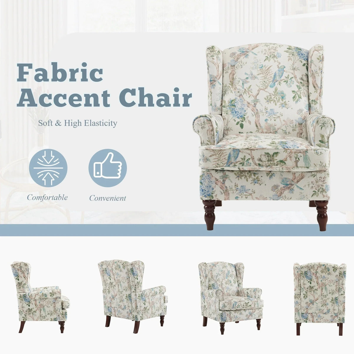 Erommy moderne accentstoel, fauteuil met hoge rugleuning, gestoffeerde stoffen fauteuil met knopen en houten poten voor de woonkamer