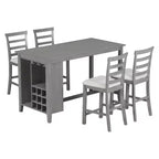 5-delige eethoek in boerderijstijl op barhoogte met stoelen voor 4 personen, rechthoekige houten tafel met opbergplanken en wijnvak