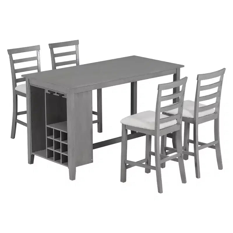 5-delige eethoek in boerderijstijl op barhoogte met stoelen voor 4 personen, rechthoekige houten tafel met opbergplanken en wijnvak