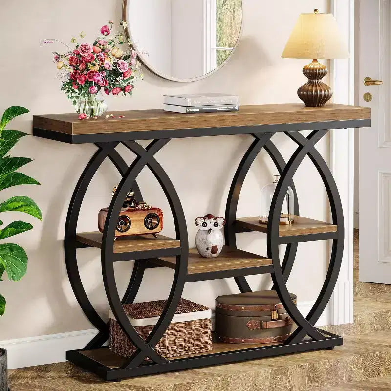 Lantine consoletafel van 39,4 inch, industriële banktafel met 4 niveaus voor entree, opbergplanken en metalen frame voor kleine ruimtes, gang, hal, bruin