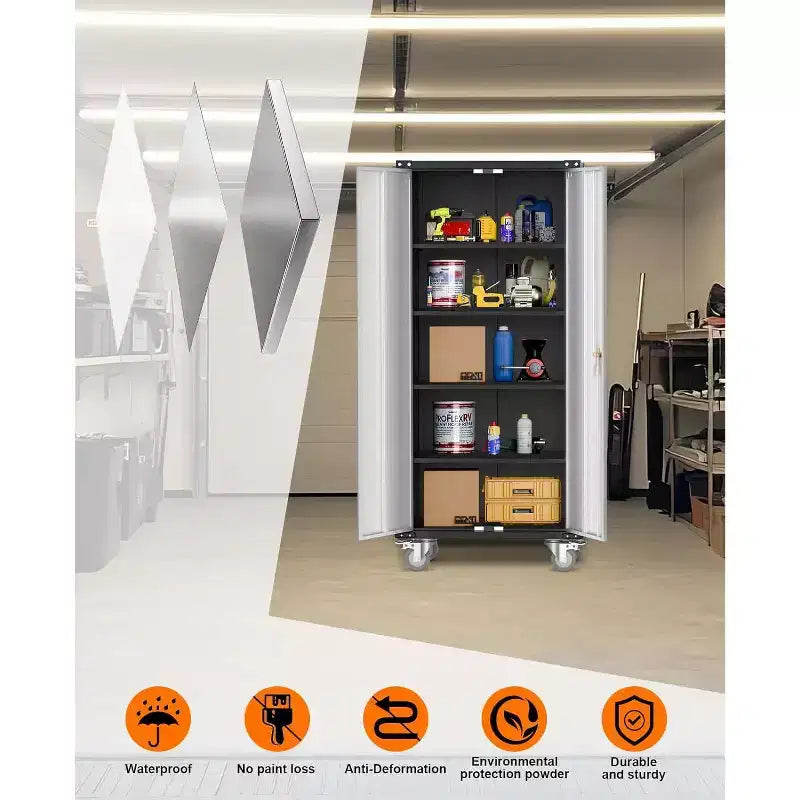 Garagekast met wielen en gatenbord, afsluitbare metalen opbergkast van 72 inch hoog met 2 deuren en 4 verstelbare planken voor garage en werkplaats