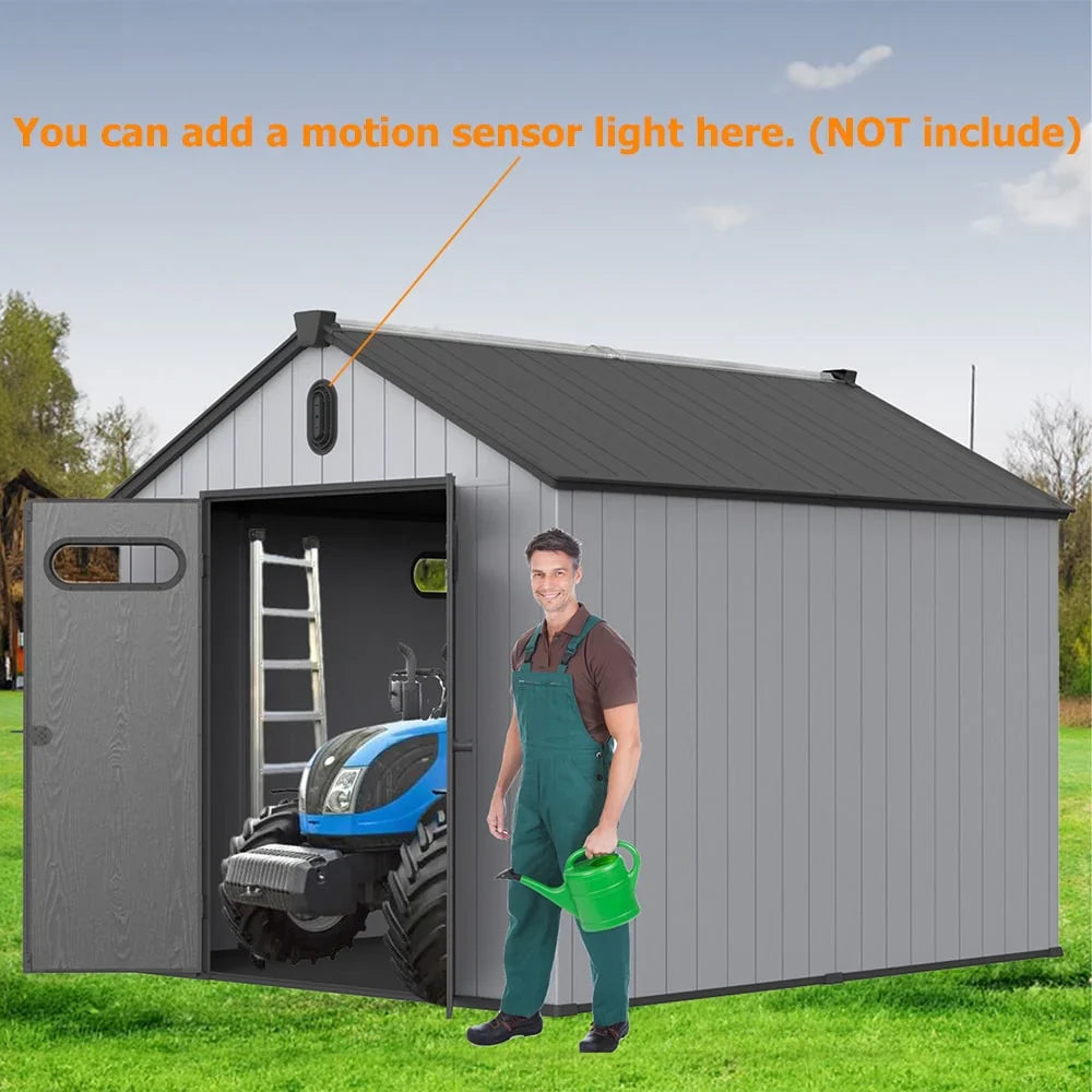 Opslagschuur van 6 ft x 4 ft/6 ft x 8 ft/8 ft x 6 ft/8 ft x 10 ft, weerbestendig kunststofhars voor buiten met vloer, gereedschapsschuur met puntdak