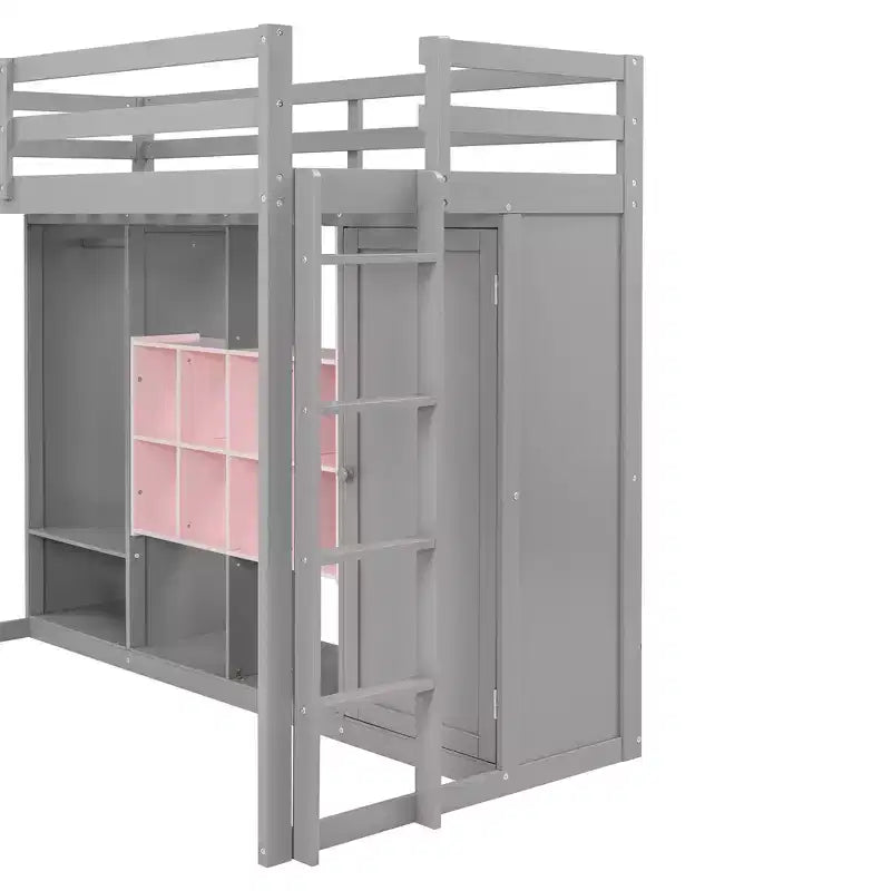 Kinder-Hochbett mit Kleiderschrank und Regalen, Hochbettgestell aus Holz mit Stauraumschrank für Kinder und Jugendliche