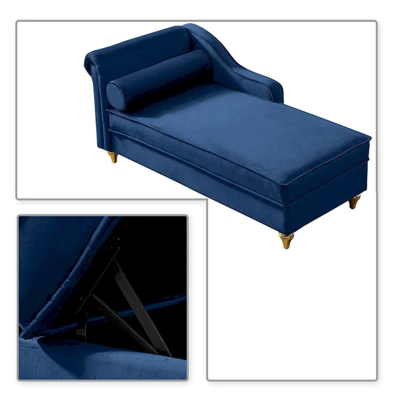 Fauteuil méridienne élégant français en velours avec revêtement rembourré et rangement, avec coussin