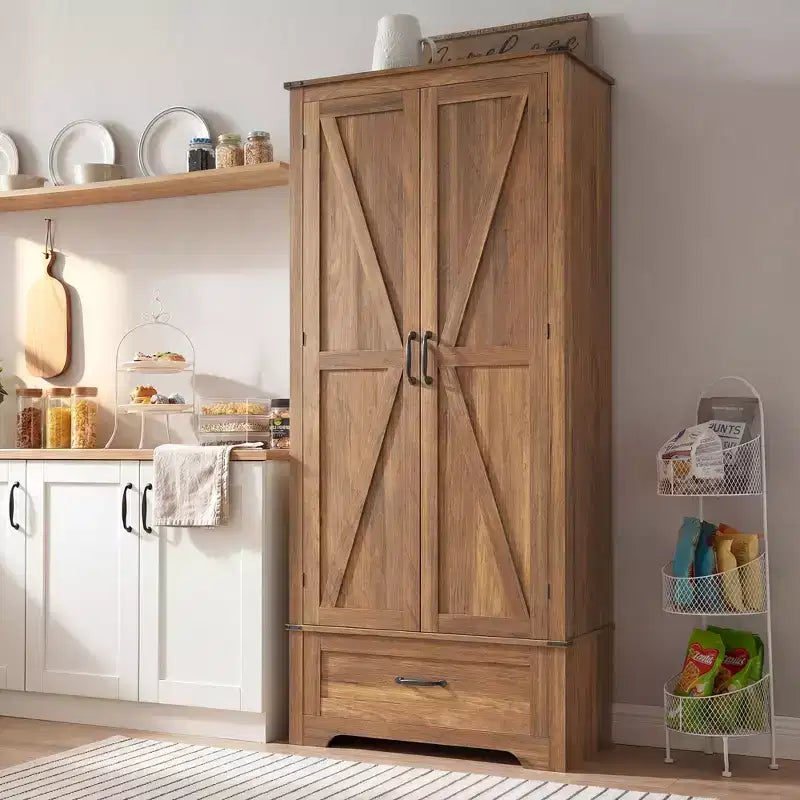 HOMCOM 72 Landhaus-Speisekammernschrank mit Scheunentüren, hoher Küchenschrank mit verstellbaren Einlegeböden und Schublade