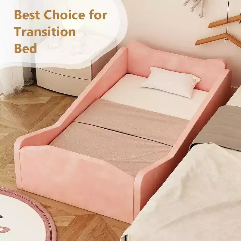 JOYMOR-Kinderbett, Bodenbett mit Sicherheitsgitter, Montessori-Kinderbett mit Tierohren-Formen, Rosa