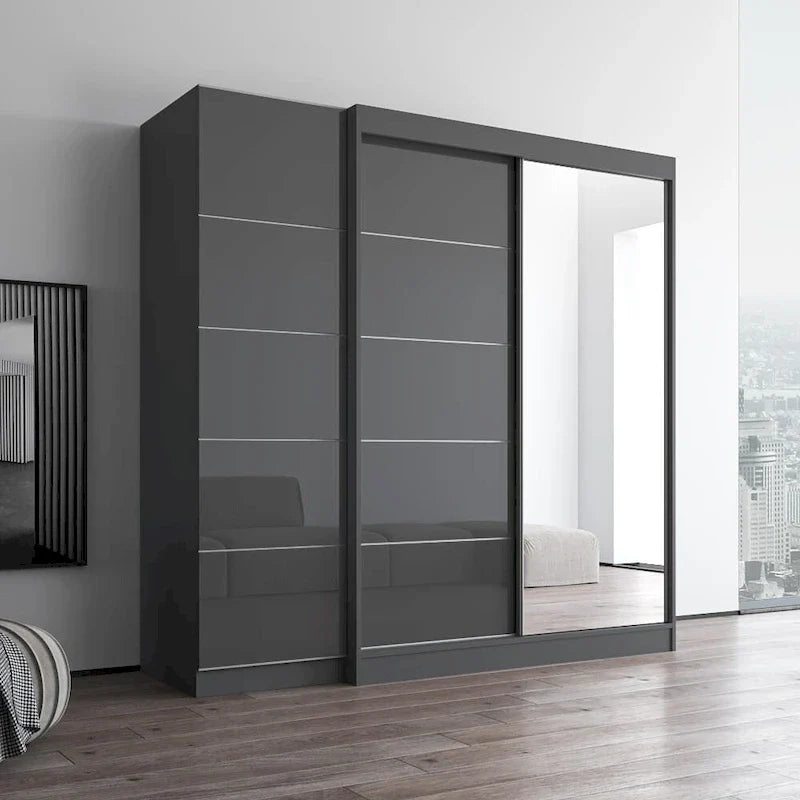 Armoire à 2 portes avec miroir, façade en verre, pour 2 personnes (gris / noir / blanc)