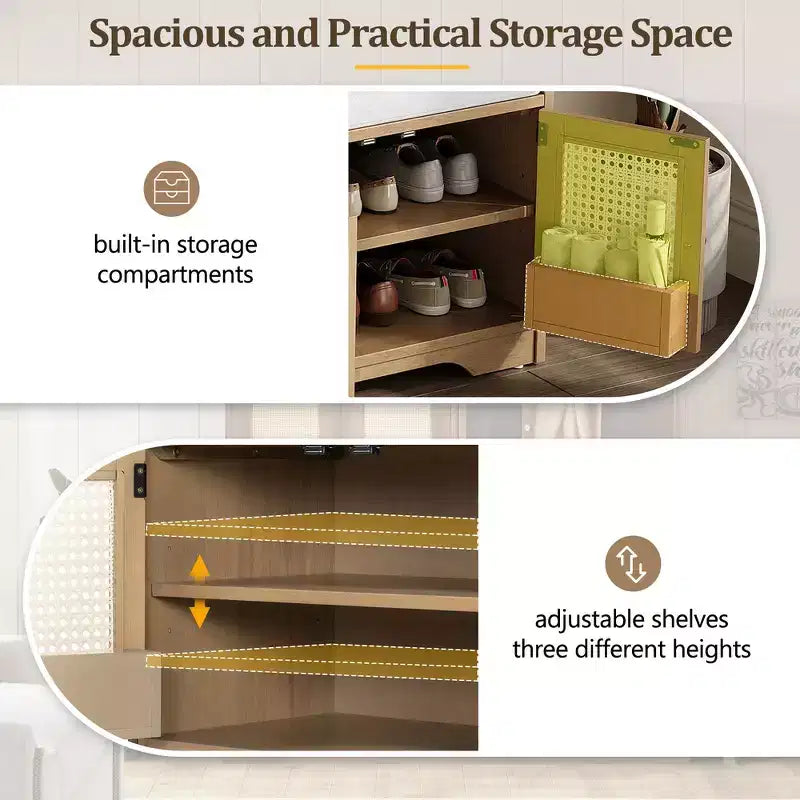 Banc de rangement rustique en bois Whisen, banc à chaussures pour entrée avec coussin amovible et étagères réglables