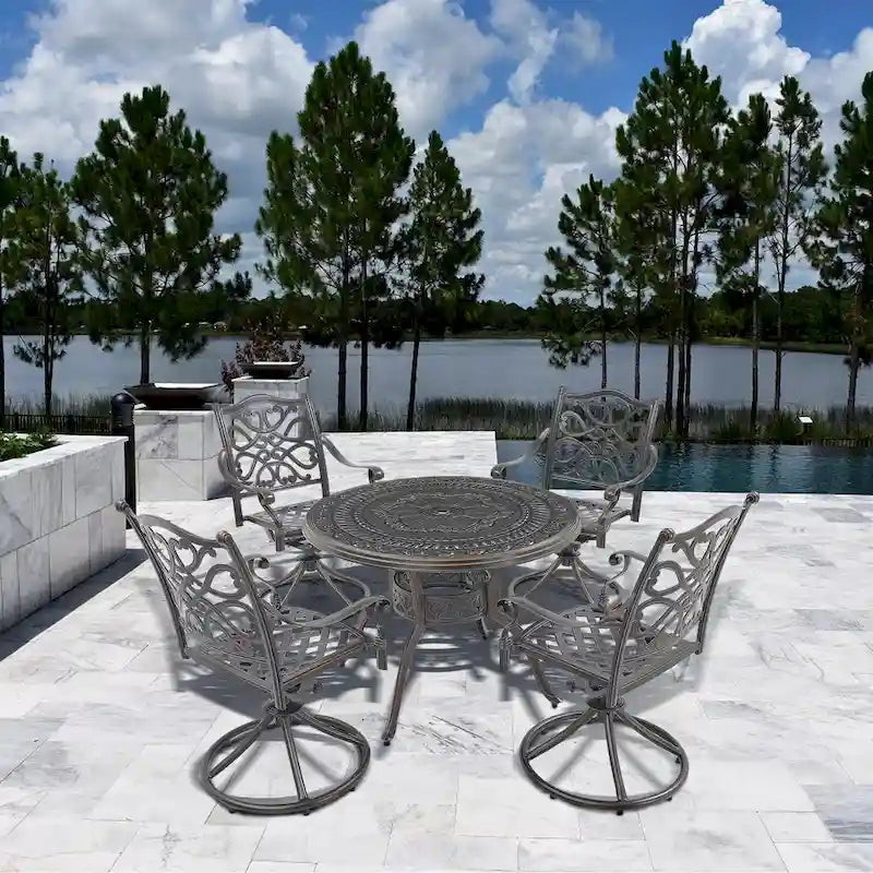 Ensemble de salle à manger de patio en aluminium moulé en 5 pièces avec 4 chaises pivotantes