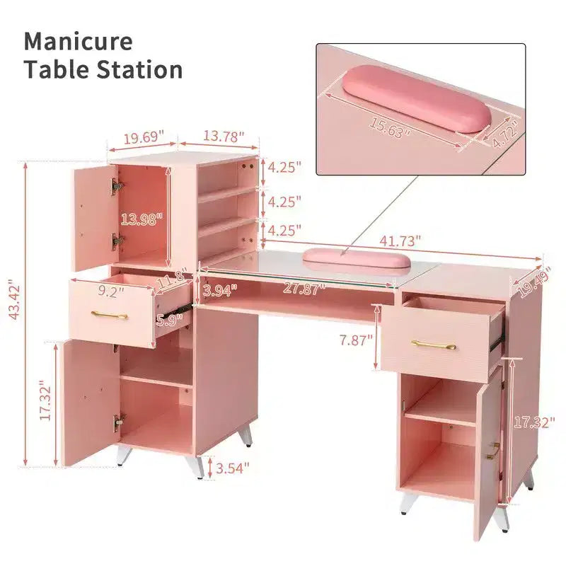 Schwarzer und rosafarbener moderner Maniküre-Nageltisch mit Glasplatte und Handgelenkauflage, Einzelplatz