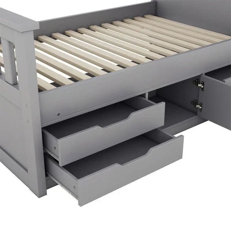 Lit plateforme de capitaine Twin/Full avec 4 tiroirs et étagères de rangement, structure en bois massif avec tête de lit bibliothèque et rangements