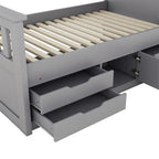 Lit plateforme de capitaine Twin/Full avec 4 tiroirs et étagères de rangement, structure en bois massif avec tête de lit bibliothèque et rangements