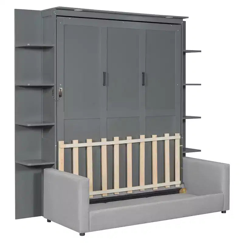Lit escamotable mural queen size avec canapé, lit armoire pliant queen size avec bibliothèque et étagères pour chambre d’amis ou bureau
