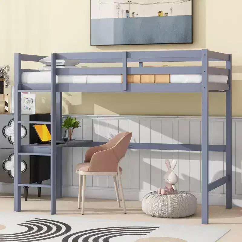 Okak Hochbett im minimalistischen Loft-Stil mit Leiter, Hochbett aus Gummibaumholz für eine Person mit Sicherheitsgeländer und integriertem Schreibtisch, Bettgestell für Kinder und Jugendliche
