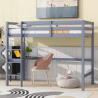Okak Hochbett im minimalistischen Loft-Stil mit Leiter, Hochbett aus Gummibaumholz für eine Person mit Sicherheitsgeländer und integriertem Schreibtisch, Bettgestell für Kinder und Jugendliche