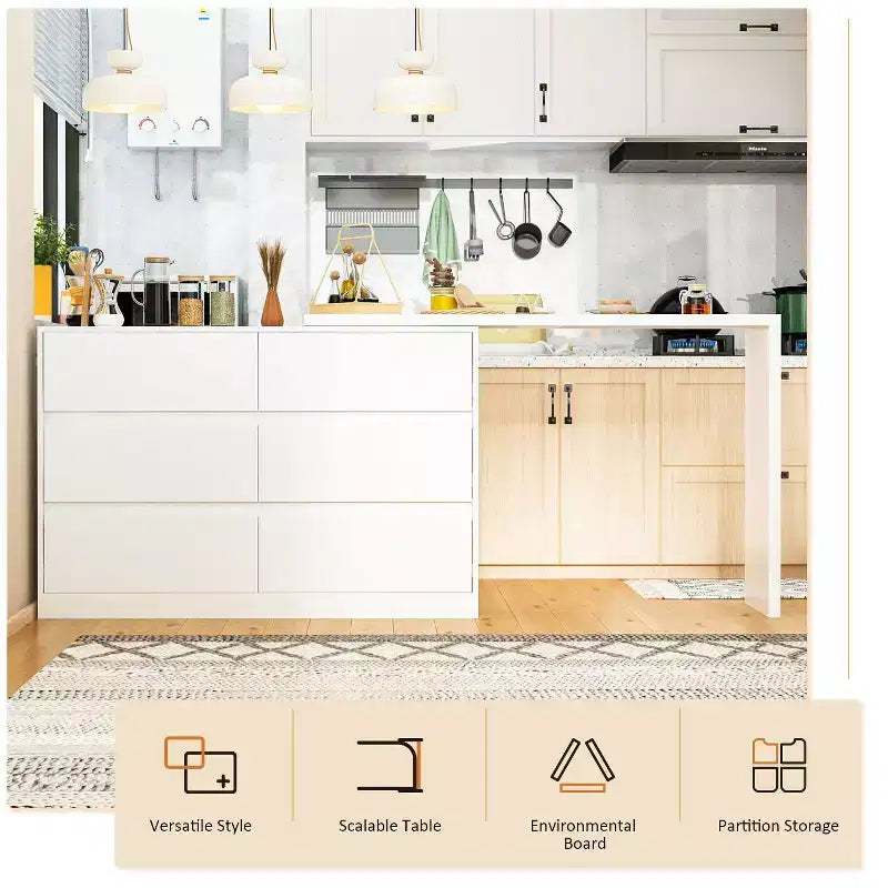 Buffet bahut intelligent pivotant/extensible avec 6 tiroirs, plateau extensible, tapis antidérapant, table à manger pivotante, garde-manger îlot de cuisine