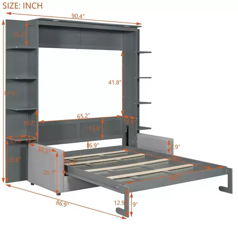 Lit escamotable mural queen size avec canapé, lit armoire pliant queen size avec bibliothèque et étagères pour chambre d’amis ou bureau