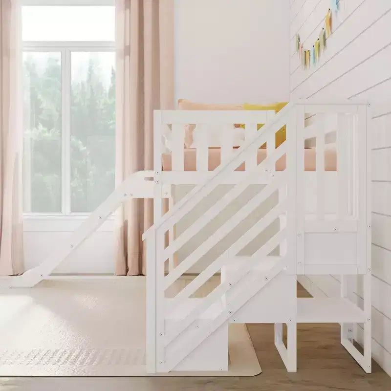 Niedriges Twin-Hochbett für Kinder mit Rutsche und Treppe, Massivholz, 14 Absturzsicherungen, Tragfähigkeit 400 lb