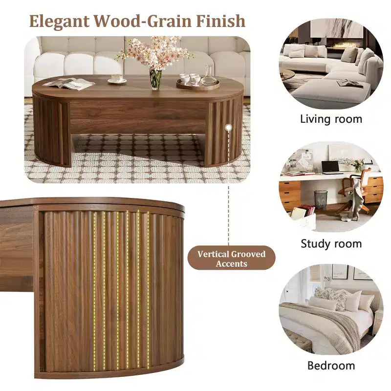 Table basse relevable ovale marron de 47,2 po avec compartiment caché