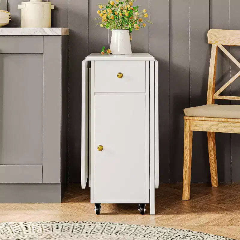 ATJafurn 59-Zoll-Klapptisch mit abklappbaren Tischplatten für kleine Räume, rechteckiger ausziehbarer Küchentisch aus Holz mit Rollen und Stauraum