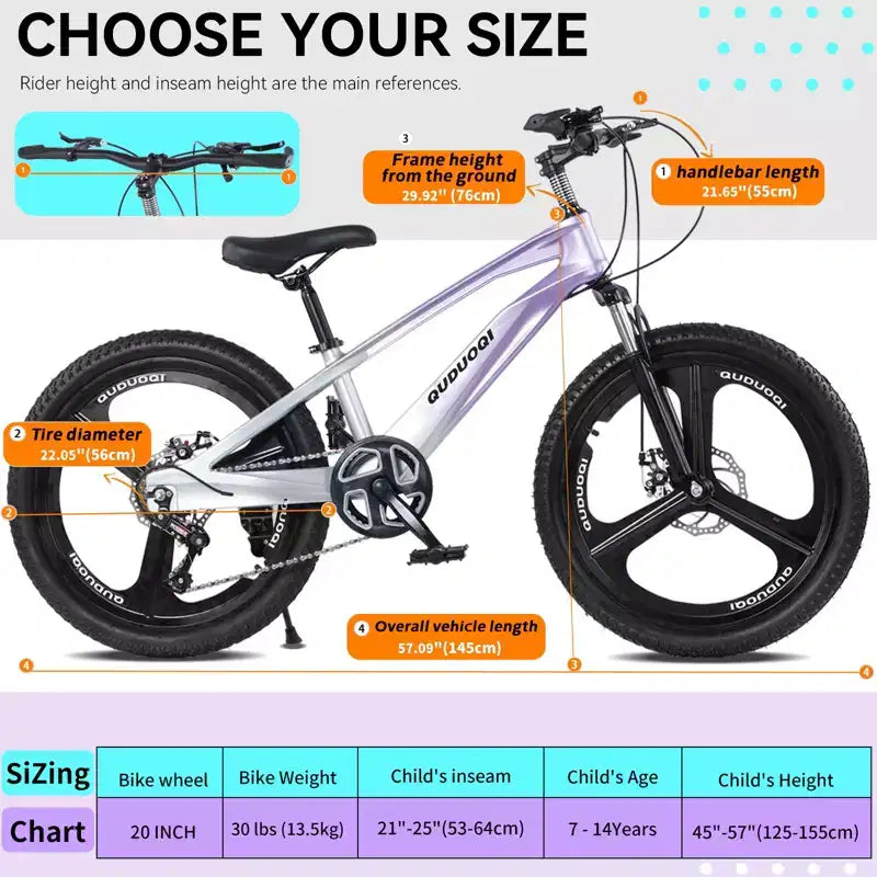 NAYSAYE 20-Zoll-Mountainbike für Kinder mit 7-Gang-Schaltung und Rahmen aus Magnesiumlegierung für Jungen und Mädchen von 8 bis 12 Jahren, 57.09*21.65*29.92