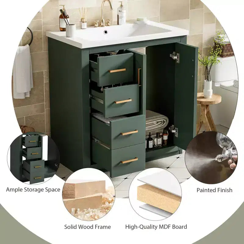 30 Einzelwaschbecken-Badezimmerwaschtisch mit Unterschrank und 3 Schubladen - Schwarz / Blau / Grün / Indigo / Weiß