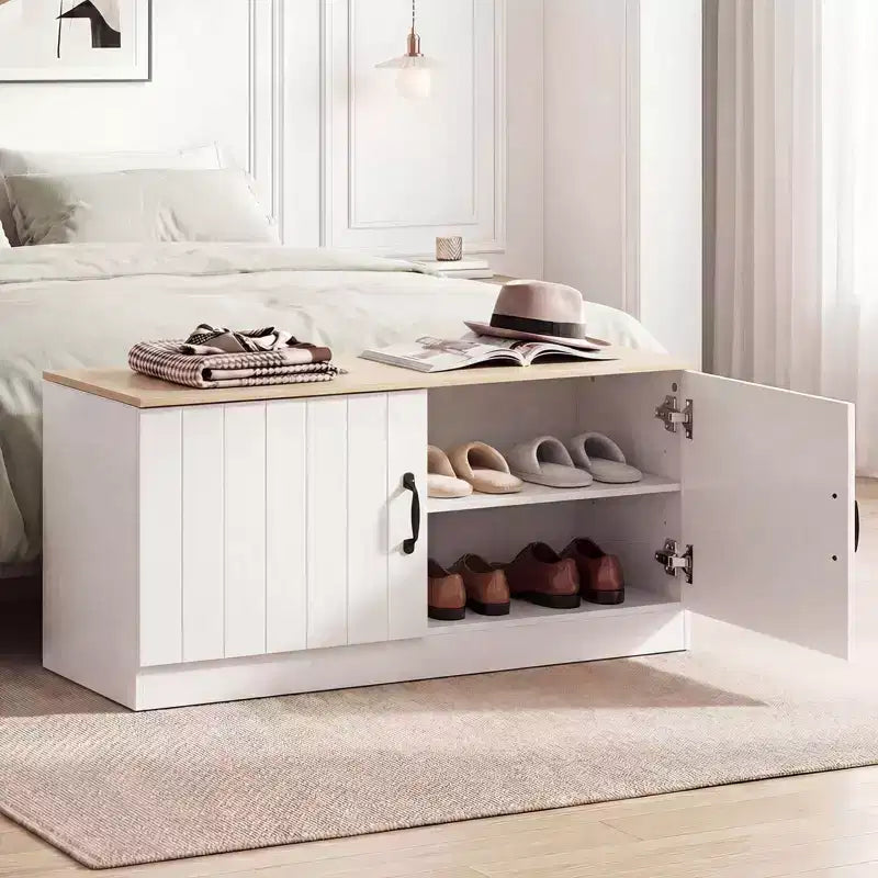 2-Door Shoe Bench wirh Adjustable Shelves Hidden Storage Space Natural + White/Whi5te