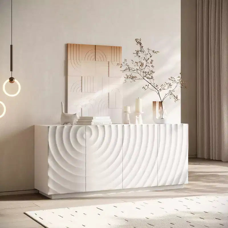 Buffet bahut en spirale moderne 59, meuble de rangement d’entrée artistique bas avec portes à texture ondulée 3D