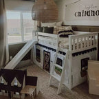 Twin Over Twin Low Bunk With Easy Slide & Black & White Farmhouse Curtain