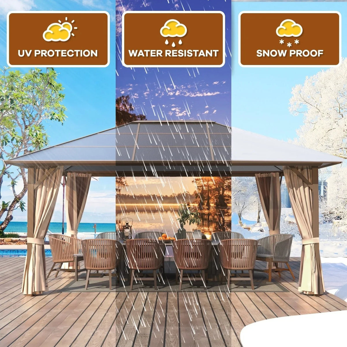 EROMMY Pavillon mit festem Dach, Outdoor-Pergola mit Doppeldach, Netzvorhängen und Vorhängen, robustes Vordach für Terrasse, Garten und Poolpartys