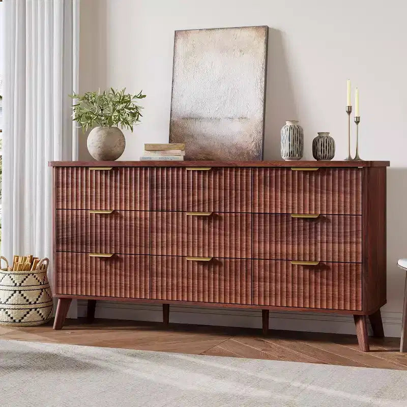 Dressoir met 9 laden en geribbelde voorkant, moderne ladekast, houten dressoir/TV-meubel met gebogen profiel, voor woonkamer of hal