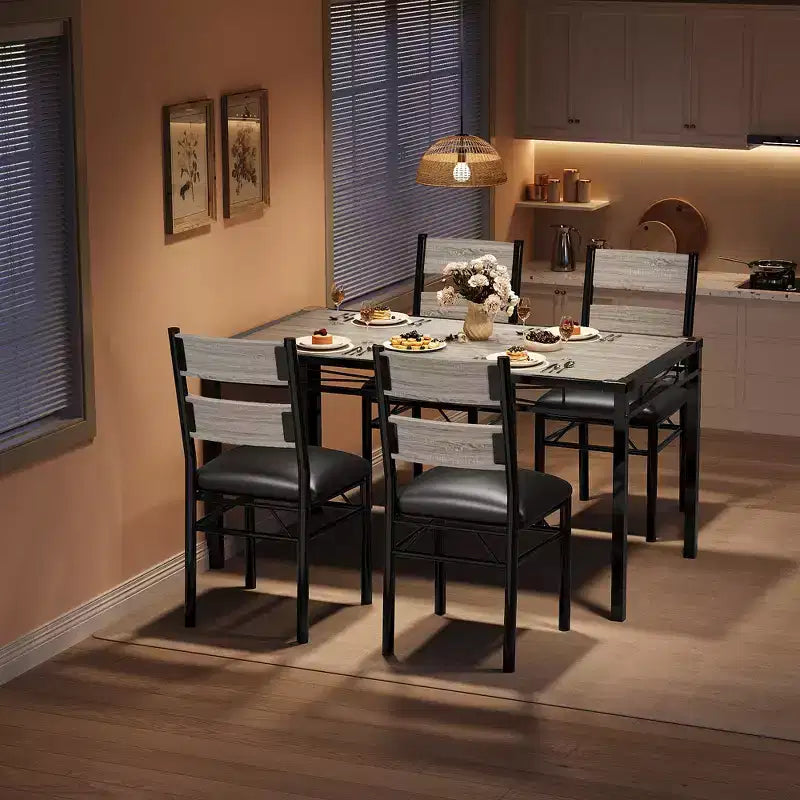 Ensemble de table à manger pour 4 personnes avec 4 chaises rembourrées, ensemble de table de cuisine en bois de 5 pièces avec protection d’angle pour cuisine, appartement ou petit espace
