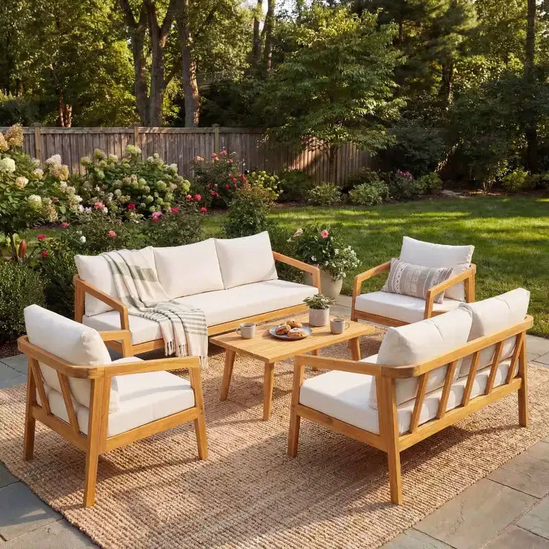 Christopher Knight Home Sunny Modernes 5-teiliges Sitzset aus Akazienholz mit rechteckigem Tisch mit Lattenplatte und 7 Sitzplätzen