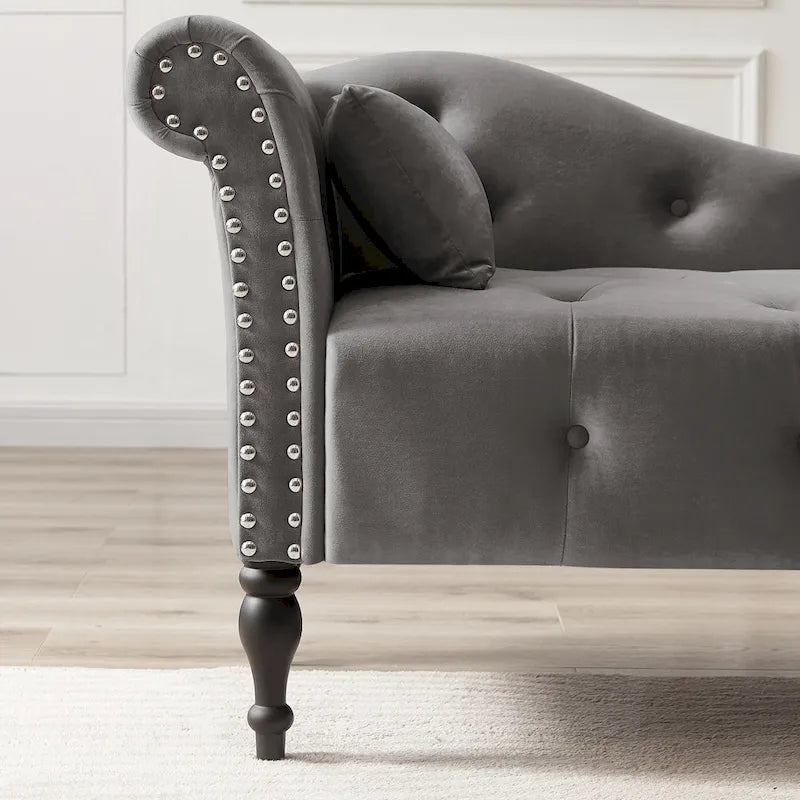 Chaise longue moderne de 60,6 po, capitonnée en velours avec boutons, pieds en bois massif et clous décoratifs