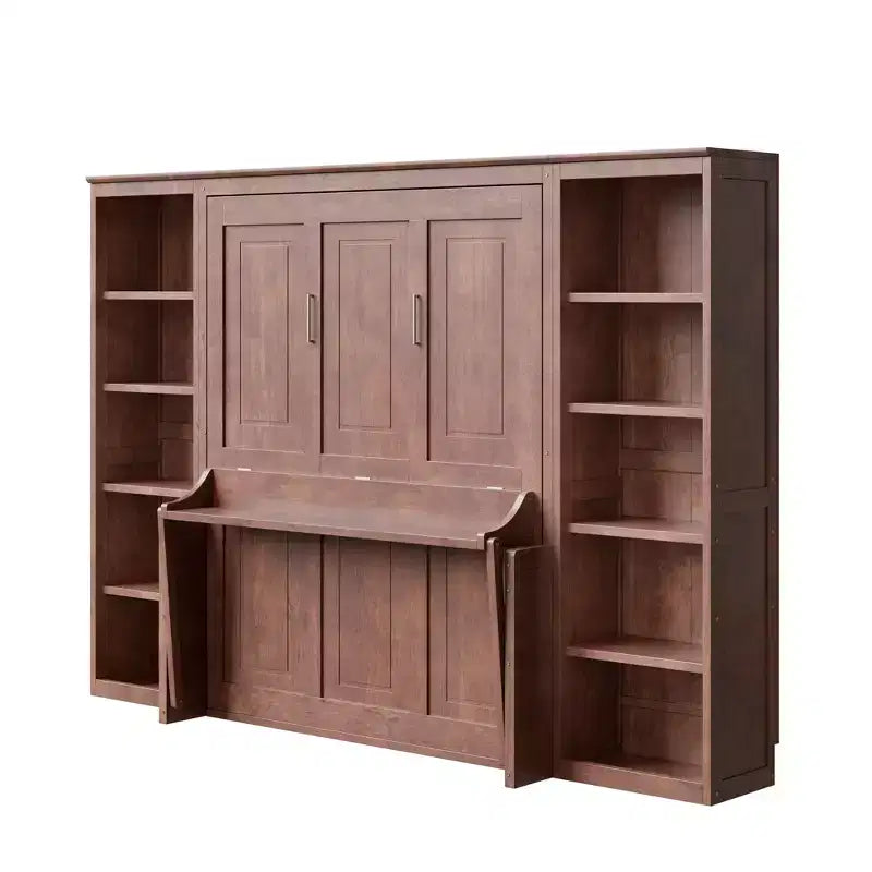 Murphy-Bett in Full-/Queen-Größe, platzsparendes Wandbett mit Schreibtisch und Bücherregal, Dunkelbraun – ModernLuxe