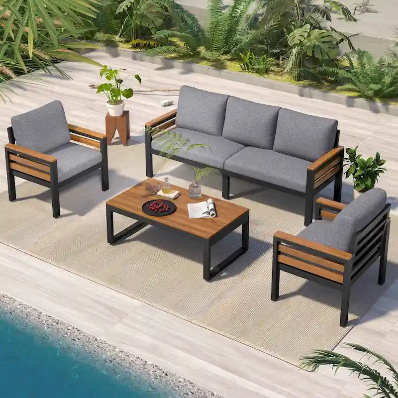 Ensemble de canapé d’extérieur de 4 pièces pour 5 personnes avec table basse en bois massif et coussins amovibles