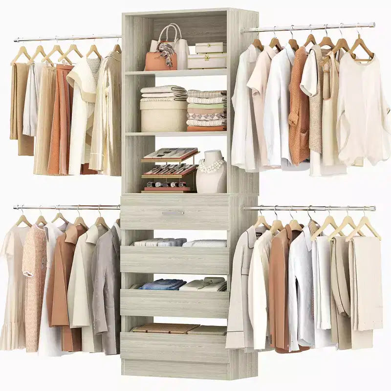 Besiost Holz-Kleiderschrank-Organizersystem für 1,2–2,7 m mit 4 Schubladen, 4 Kleiderstangen und Regaltürmen