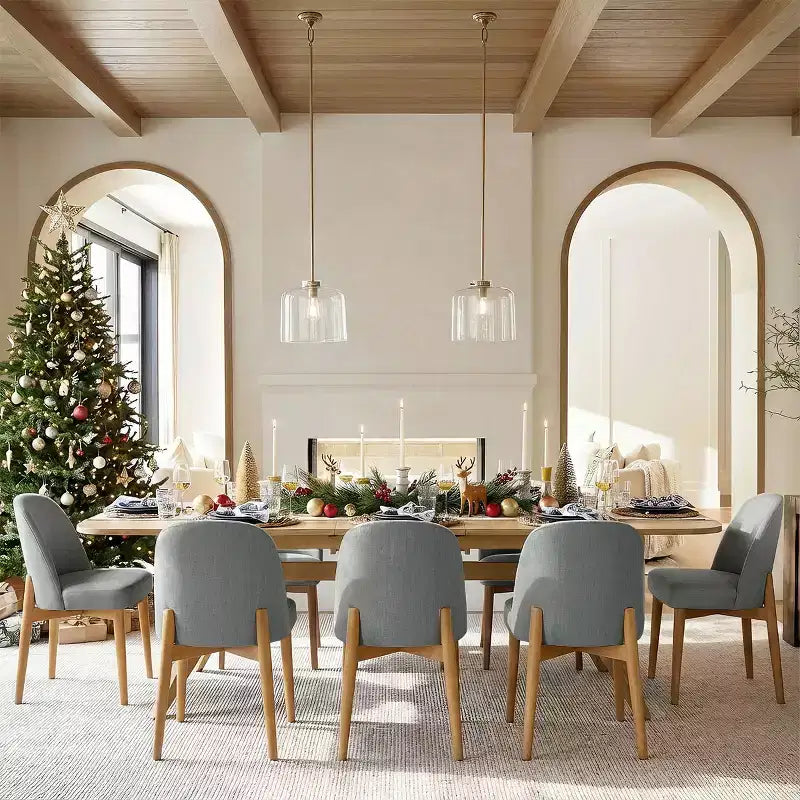 9-delige eetset voor 8 personen, uitschuifbare tafel met schraagonderstel en gestoffeerde stoelen met poten van massief hout - Panipeachy