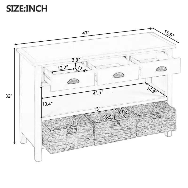 Console d’entrée avec rangement, table de couloir de style champêtre avec 3 tiroirs et 3 paniers en jacinthe d’eau pour le salon ou le vestibule – Panipeachy