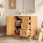 JVNOXK 30-inch rustiek-moderne keramische wastafelkast met 3 laden en 1 grote deur met softclose, opbergkast, natuurlijke houtnerf