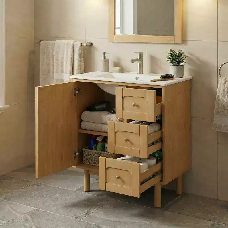 JVNOXK 30-inch rustiek-moderne keramische wastafelkast met 3 laden en 1 grote deur met softclose, opbergkast, natuurlijke houtnerf
