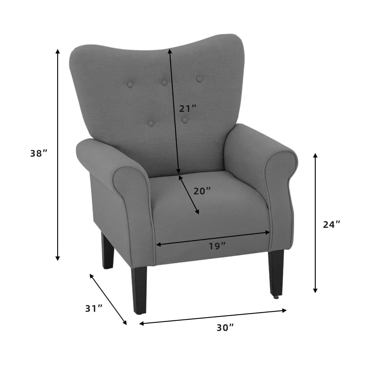 Erommy moderne accentstoel, fauteuil met hoge rugleuning, gestoffeerde stoffen fauteuil met knopen en houten poten voor de woonkamer